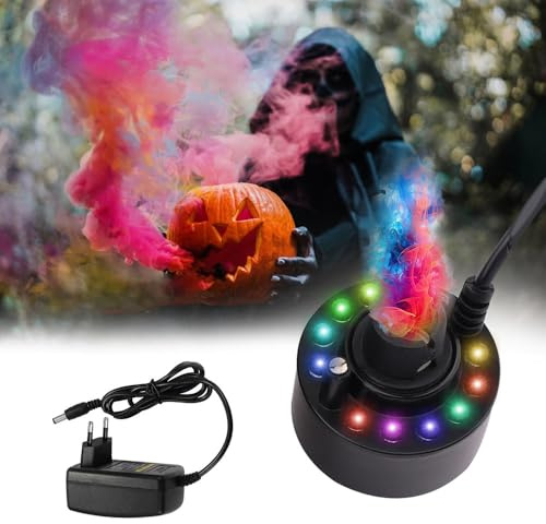 WDKXCN Ultraschall Vernebler, Ultraschall Nebler, Nebelmaschine Mini mit 12 Led Bunten Lichtern, Ultraschall Zerstäuber für Brunnen, Garten, Halloween Pumpkin und Hexentop, Eu-Stecker (Schwarz)