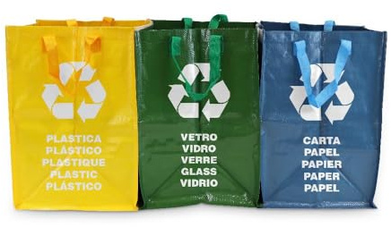 PARENCE.- Set med 3 återvunna påsar - Slitstarka shoppingpåsar för glas, plast och papper - Kardborrekrokar, lätta att tömma - gul, grön, blå