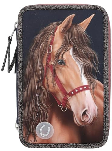 Depesche 13190 Miss Melody Glitter Horse-Gefüllte 3-Fach Federtasche in Dunkelblau, mit Pferde Motiv, Glitzer und LED-Lichtern, Federmappe mit Buntstiften, Lineal, Schere UVM, Mehrfarbig