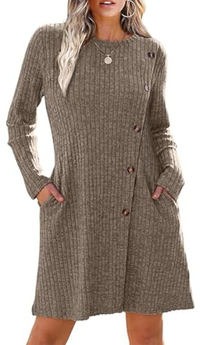 Yeenily Vestido Punto para Mujer Cuello Redondo Vestidos Suéter Elegante Vestido de Jersey Manga Larga A-Line Casual Túnica Vestidos para Otoño Invierno (Caqui, S)