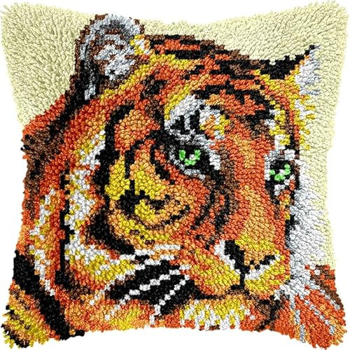 Taxpy Kissenbezug DIY Knüpfkissen Set Kreuzstich Stickerei 43x43cm Selber Machen Set Latch Hook Kit für Kinder und Erwachsene zum Selber Knüpfen(Tiertiger)