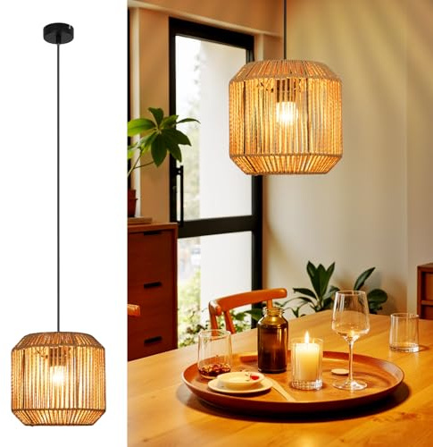 Deboola Hängelampe Vintage Hängeleuchte Esstisch - Φ21 Boho Pendelleuchte Rattan 1 flammig Esstischlampe Retro Design mit E27 Fassung für Esszimmer Schlafzimmer Wohnzimmer Flur Küche/Ohne Leuchtmittel