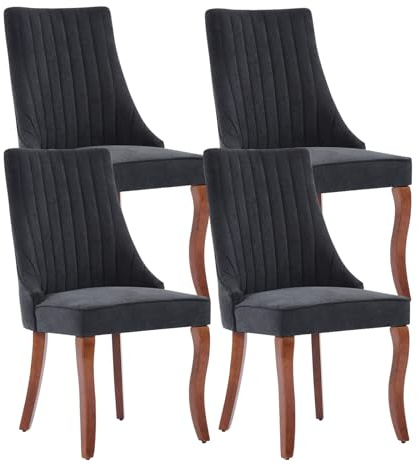 MZDOO Linen Dining Chairs Set of 4，Fabric Channel Tufted Kitchen Chairs, Upholstered Accent Chairs with Curved Solid Wood Legs, Comfortable Dining Chair for Dining Room, (Black, 4pc)
