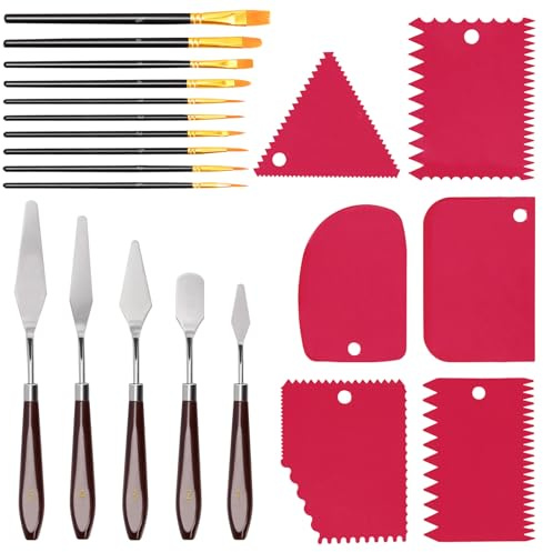 Swpeet Rose, raschietto in plastica e palette con pennello Pearlescent, set di strumenti per la pittura, 5 coltelli per pallet, 6 raschietti e 10 pennelli Pearlescent, accessori artistici per pittura