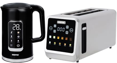 GEEPAS 5-in-1 Digital 4 Slice Long Toaster & Electric Kettle Set | 5 Temperature Settings Keep Warm Function 2200W 1.7L Cordless Jug Kettle | 6 Browning Levels, Cancel Defrost & Reheat Function 1450W