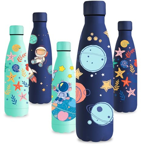 Vikastar Borraccia Termica, 500ml senza BPA, Thermos per Bevande Calde, a Prova di Perdite, Borraccia Bambini, Acciaio Inox per Scuola, Sport, Palestra, Ciclismo, Blu-Cielo Stellato