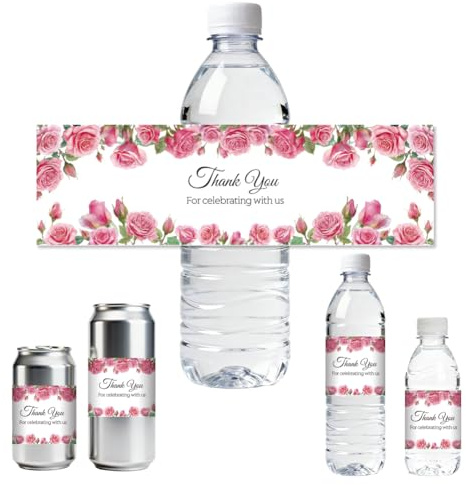 ANATTASOUL 30pcs Etiquetas para Botellas Rosa y Hojas de Agua Envolturas de Botellas de Agua Pegatinas para Botellas de Agua para Decoración de Fiestas