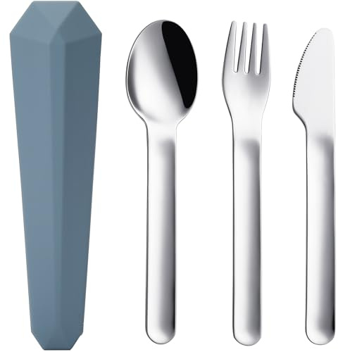 DEVICO Camping Besteck, 4-Teilig 18/8 Edelstahl Reisebesteck mit Etui | Outdoor Besteck Set 1 Person mit Messer/Gabel/Löffel, Besteckset to Go für Unterwegs/Schule/Reise Gadgets, Geschenk, Blau