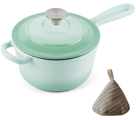 Casserole ronde en fonte émaillée de 2 litres avec couvercle - Mini cocotte ronde en émail pour la cuisson de sauces, marinades, sauces et puddings bouillants - Vert