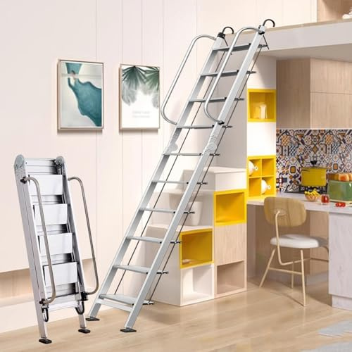 10.17FT Foldable Bunk Bed Ladder, Aluminum Attic Egress Ladder with Handrails Hooks, Space-Saving Step Ladders with Non-Slip Strips for RV Basement Window (10 Step)
