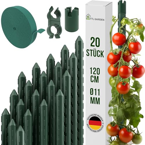 TTL GARDEN Rankstäbe 20er Set 120 cm x 11mm Ø grün + Klettband & Clips | - Rankhilfe Pflanzstäbe Stahl rostfrei Kunststoff beschichtet Rankhilfe Blumenstütze Pflanzenstütze -Tomaten Gurken & Blumen