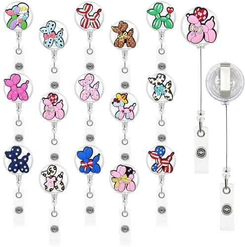 15 Pack Cute Dog Badge Reel Holder Bulk Nursing Charms Retractable Nursing Teacher Clip-on ID Badges Pet Name Cards Reel Clips Doctor Cute Medical Badge Accessories Office Worker Gifts(Balloon Dog)