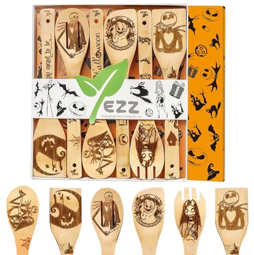 6 Piece Wooden Utensils for Cooking, Wooden Kitchen Accessories Cute and Practical Spoon & Spatula Utensils Set for Women,Cooking Gifts,Housewarming Present (Nightmare Style 1)