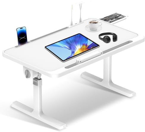 Soontrans Laptoptisch 60 x 40 cm, Laptop Tisch mit Schublade, Höhenverstellbar, 4 Winkelverstellbar, Klappbare Beine, Betttisch für Bett und Sofa, Couch, Boden, Betttablett Notebook (warmes Weiß)