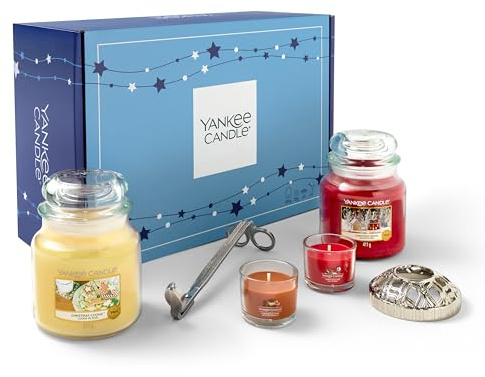 Yankee Candle Geschenk-Set | 2 mittelgroße Duftkerzen, 2 gefüllte Votivkerzen | Dochtschneider und Illuma-Deckel Kerzentopper | 6-teiliges Kerzenset | Geschenke für Frauen