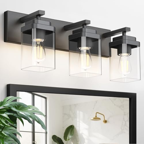 LKHF Black Bathroom Light Fixtures, 3 Lights Bathroom Lighting Fixtures Over Mirror, Square Design & Rectangle Large Backplate, Modern Vanity Lighting Fixtures, for Bathroom/Living Room/Bedroom
