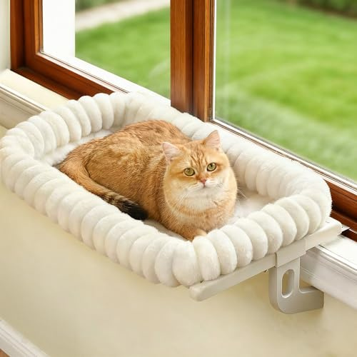 Zoratoo Cat Window Sill Perch,‌ 4-Sided Cushion Bolster Cat Window Seat with ‌Sturdy Frame,‌ ‌Easy Adjust Window Sill Mount Pet Bed for Indoor Cats (White, Medium)