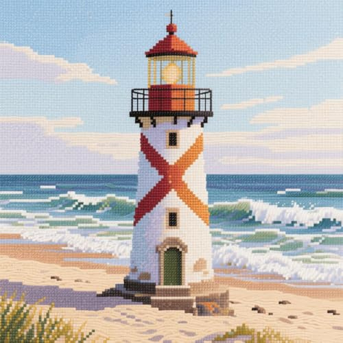 YarnAdventures Landschaft 11CT Sticken Set Kreuzstich Kissen,Leuchtturm am Meer,Kreuzstich Kissen Vorgedruckt,Diy Stickkissen,Handstickerei Kissenbezug Set,45x45cm