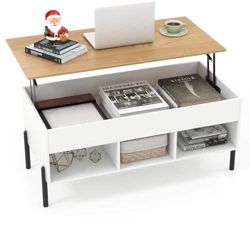 LIFEZEAL Mesa de Centro con Tablero elevable y 3 Compartimentos, Espacio de Almacenamiento Oculto, Moderna Mesa de café de Madera con 4 Patas robustas, 100x50x59,5cm (Blanco)