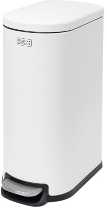 BLACK+DECKER BXBN61579E 30 Litre Slimline Pedal Bin with Soft Close Lid, Kitchen Bin for Indoor Waste Recycling, 61 x 23 x 44cm, White