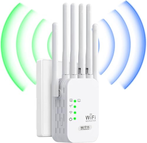 Répéteur WiFi,Amplificateur WiFi,repeteur WiFi Puissant avec 6 Antennes Puissantes,2 Ports LAN,Mode Répéteur & Routeur & AP,repeteur WiFi Exterieur Couverture WiFi de 1000 m²,Facile à Installer