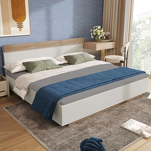 A ALFRESCOOL Doppelbett Holzbett, Schwebebett 180x200 cm mit Kopfteil aus Bettgestell &Lattenrost, Bettgestell in Eiche Sonoma, Modernes Design, Ohne Matratze(Weiß)