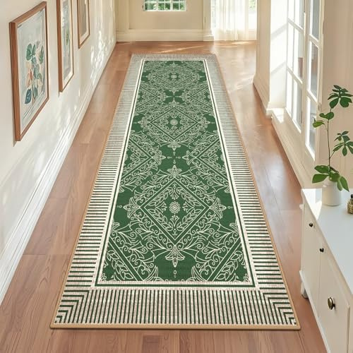 GEANUP Modern Grün Küchenläufer 80x200 cm Waschbar rutschfest Kurzflor | Gestreifter Teppich Läufer Flur Lang, Weicher Flurteppich für Eingang Schlafzimmer Wohnzimmer Schlafzimmer Waschküche