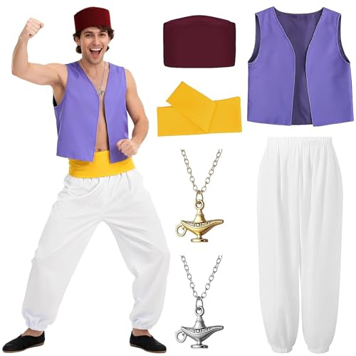 Saier tbo 6 Stück Aladdin Kostüm für Herren, Aladdin Prinz Fancy Dress Kit mit Hüte Arabischer Prinz Weste Schärpe Aladinhose Lampenhalskette für Karneval Mottoparty Cosplay (XL)