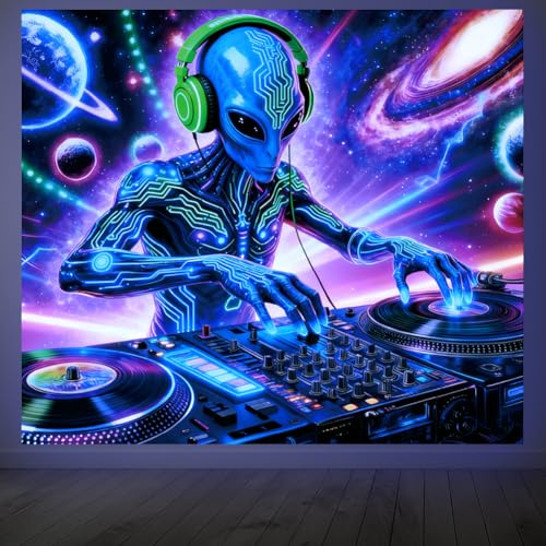 CRAFTYMELODY Alien DJ Schwarzlicht Wandteppich Neon Alien Im Dunkeln Leuchtend UV Reaktiv Kosmischer Wandbehang 5951 x (5) cm Mit Haken