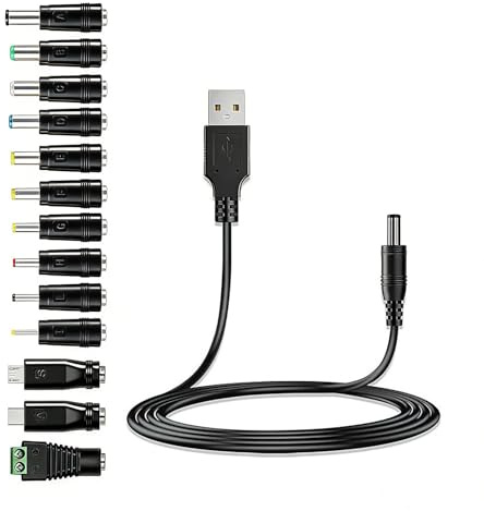 QEAS Câble d'alimentation USB vers DC 5V, 5.5mm * 2.1mm Câble Adaptateur d'alimentation Universel avec 13 Prises, Cable de Charge USB A vers DC Barrel Jack pour Routeurs Wi-Fi, Rasoirs, Bandes LED