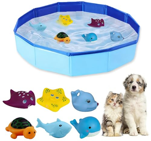 SKIKHN Katzenpool, 50x10cm Planschbecken für Katze, Tragbares Haustier Hund Planschbecken, Faltbares Schwimmbad für Haustiere, Spielzeug Faltbarer Pool mit Wasser Spielzeug, für Indoor Outdoor (Blau)