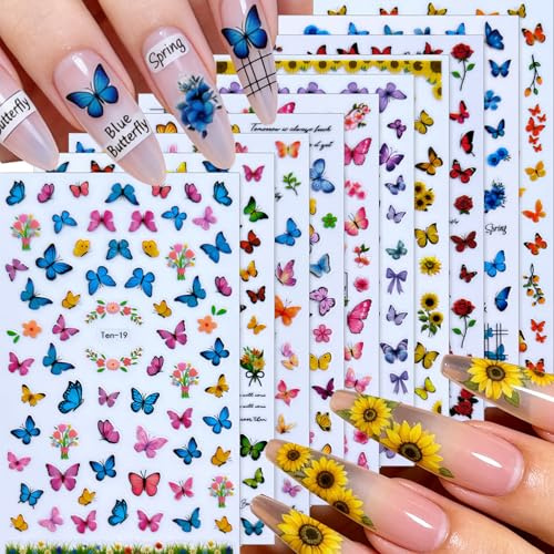 KASESSS 10 Fogli Farfalla Adesivi Unghie Nail Art Stickers, Adesivi per Unghie, Decorazioni Unghies Colorati, Primavera Fiori Adesivis per Unghies Autoadesivi per Donne Ragazze DIY Manicure Disegni