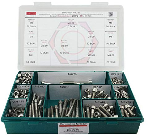 Set DIN 912 Zylinderkopfschrauben M8 Edelstahl A4 mit Muttern + Scheiben