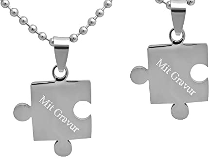 Hanessa Personalisierte Kette mit Gravur Edelstahl 60 cm mit Anhänger Puzzle Teil einzeln oder Set in silber - Personalisierte Halskette für Männer und Frauen - Personalisierter Schmuck Damen Herren