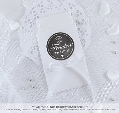Freuden Tränen Taschentücher Set zur Hochzeit Klein 24 Sticker + 24 weiße Flachbeutel - 63 x 93 mm für Freudentränen Taschentuch Verpackungen Aufkleber in SCHWARZ mit Ringe
