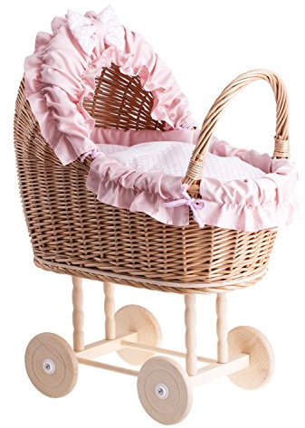 e-wicker24 Alles aus Weide Puppenwagen aus Weide mit Bettwäsche perfekte Geschenkidee Korbpuppenwagen schöner Spielzeug aus Korbgeflecht Korbwagen für Puppen Spielzeug für Mädchen (Pink 2)