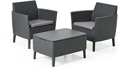 Keter Salemo Balcony Set, Set Mobili da Giardino in Rattan con 2 Poltrone e Tavolino Porta Cuscini, Grafite