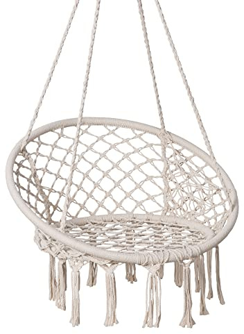 SUNCREAT Hammock Chair Macrame Swing with Side Pocket, Hanging Cotton Rope Hammock Swing Chair for Indoor and Outdoor Use, 330 lbs Capacity, Beige