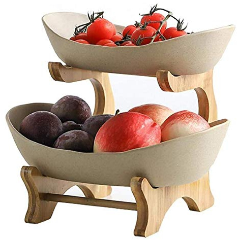 JUNYFFF Corbeille À Fruit 2 Etages Grande Panier À Fruit Bois + Céramique Convient pour Les Familles, Les Centres Commerciaux, Thanksgiving, Noël Cadeau De Vacances,Marron