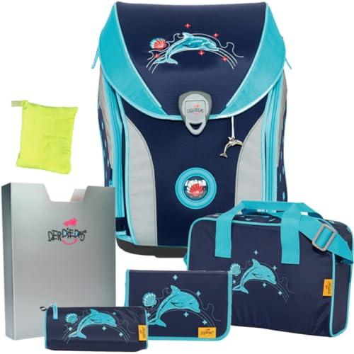 DerDieDas Glitter Dolphin - Delfin ErgoFlex MAX Schulranzen-Set 6tlg. - REGENHÜLLE GRATIS DAZU