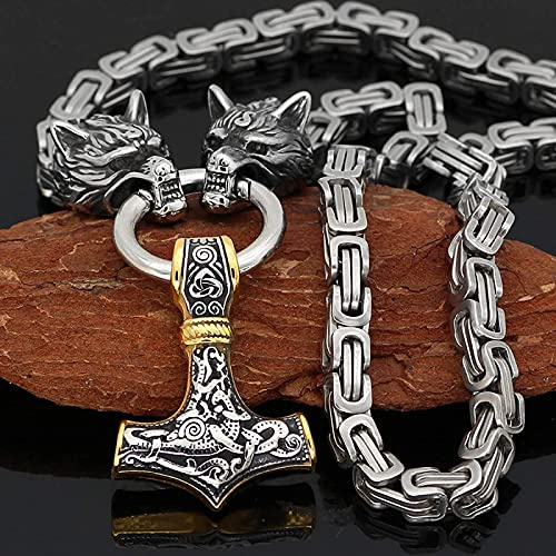 QQTQQ Viking Thors Hammer Halskette, Männer Wolf Kopf Anhänger, Retro nordischen Amulett Schmuck, Edelstahl handgemachte schwere Königskette,Gold+silver-70cm