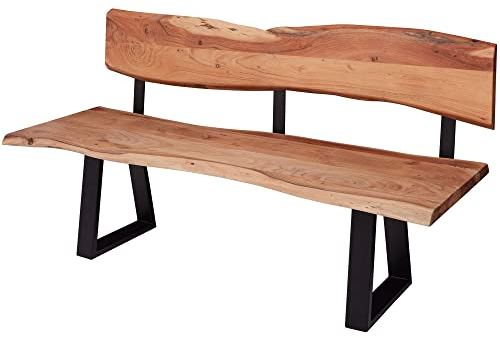möbelando Esszimmerbank Gaya 160x83,5x60 cm Akazie Massivholz Bank mit Baumkante | Sitzbank Holzbank mit Lehne | Küchenbank Essbank Holz Landhausstil | Baumstamm Küchensitzbank 3 Sitzer Massiv