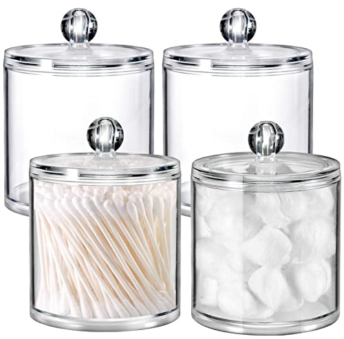 MEETOZ 4 Pack Qtip Holder Dispenser for Cotton Ball, Swab, Round Pads, Floss - Clear Plastic Apothecary Jars for Bathroom, Vanity, Makeup Organizer