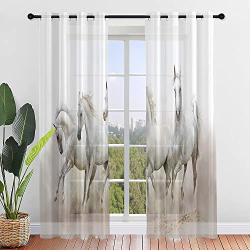 Hiseng Voile Vorhänge mit Ösen Durchsichtig Moderne Halbtransparent Ösenvorhang für Fenster Wohnzimmer Schlafzimmer 3D Druck Elegante Transparent Gardine 2er Set (W132xH160cm,Pferd Muster 4)
