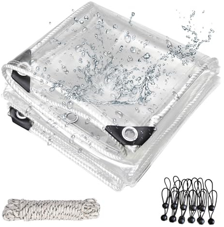 OKYUK Plane Transparent Mit Ösen, 420g/m² PVC Plane für Außenbereich, inkl. 20 Kabelbinder, 12 Gummibänder mit Kugeln & 10m Seil für Pavillons und Terrassen (2M x 5 m)