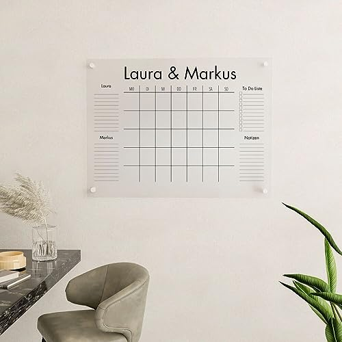Wunsch Kalender - personalisierter Wandkalender - 2-Namen Kalender - wiederverwendbarer Kalender aus Acrylglas - Familienplaner abwischbar - Hingucker für jeden Raum