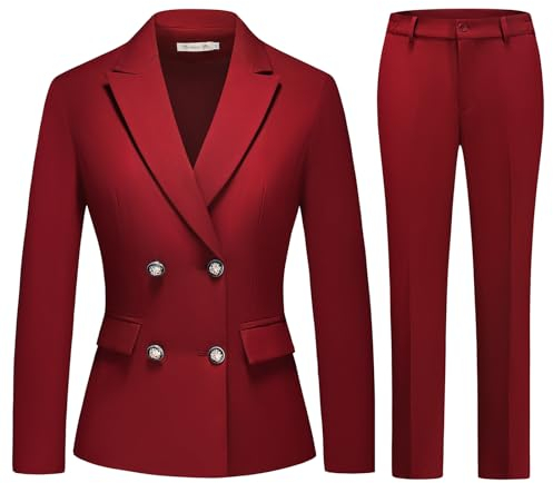 MODFUL Damen 2 Stück Business Anzug Zweireiher Blazer und Hose Arbeitsanzug Set, Rot/Ausflug, einfarbig (Getaway Solids), X-Klein