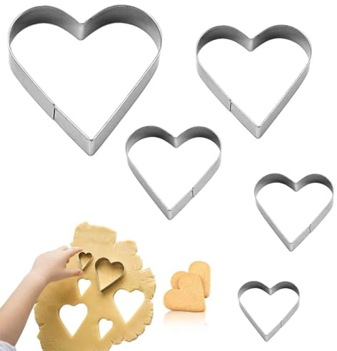 5Pcs Heart Cookie Cutter Set,Silver Easter Cookie Cutters,Premium Stainless Steel Heart Shaped Cake Cutters,Bakin Metal Cutting for Baking Set for Valentine's Day,Easter Cupcake,Pastry,Scones