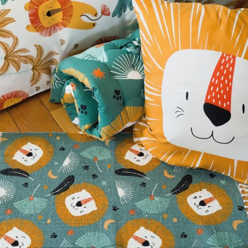 CÔTE DECO Tapis pour Enfants 45x75cm - Motif imprimé Lion Jaune et Vert - Tapis Chambre Enfant 100% Coton recyclé