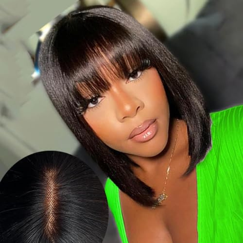 2X1 Straight Echthaar Perücke Lace Front Wig Human Hair Wig with Bang Short Bob Wig Human Hair with Bang echthaar Perücke Bob With Bangs 12zoll